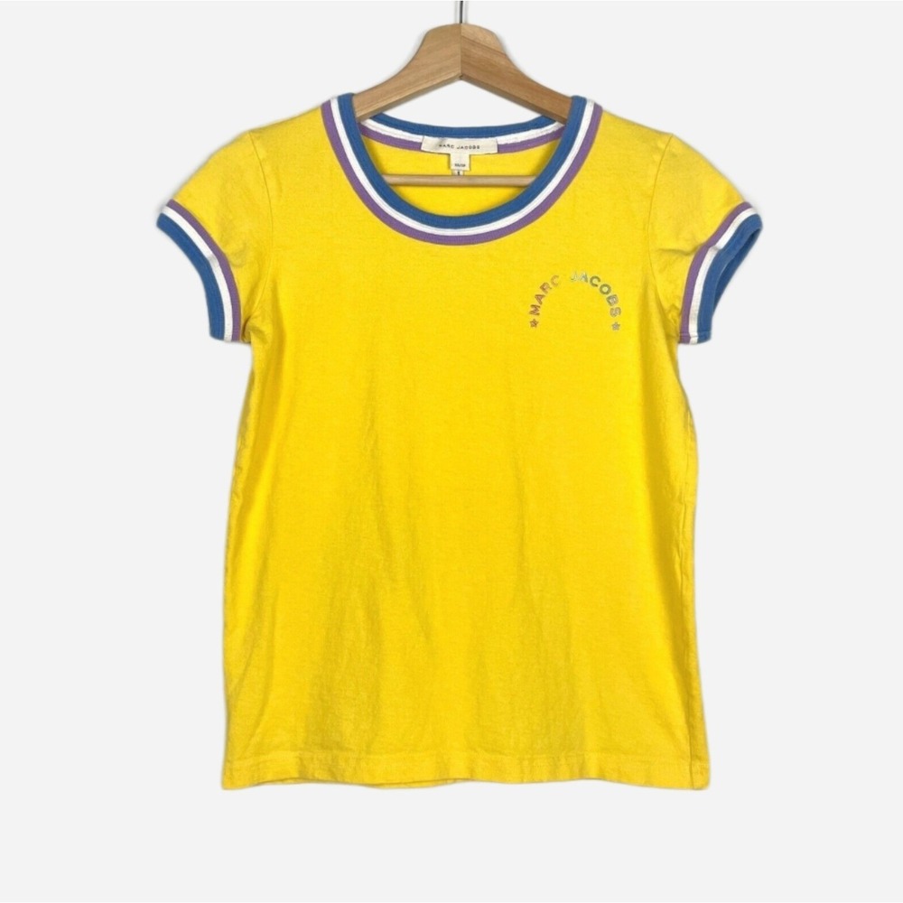 Marc Jacobs Retro Embroidered Spell Out Logo Baby Tee Shirt Yellow Size‎ XS